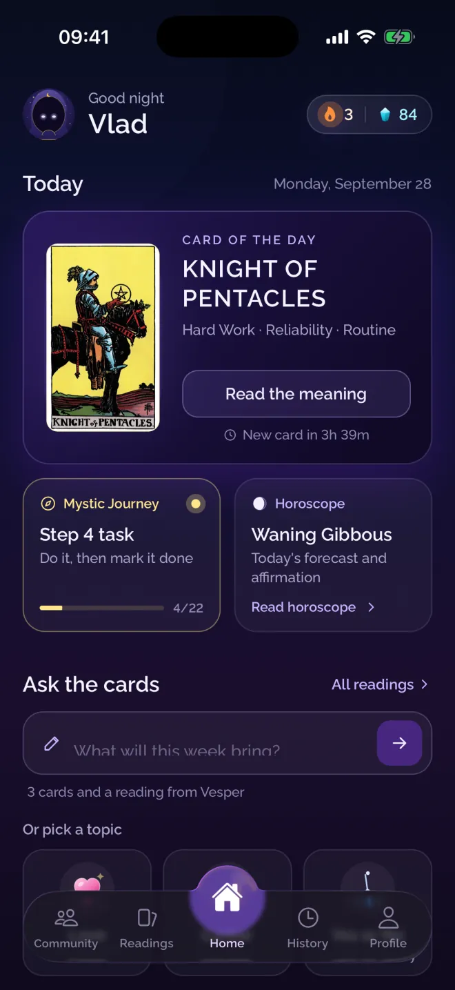 Card of the Day screen in the Numen app