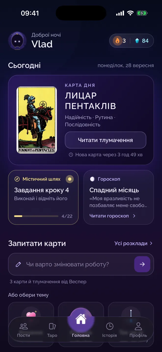 Екран «Карта дня» у додатку Numen